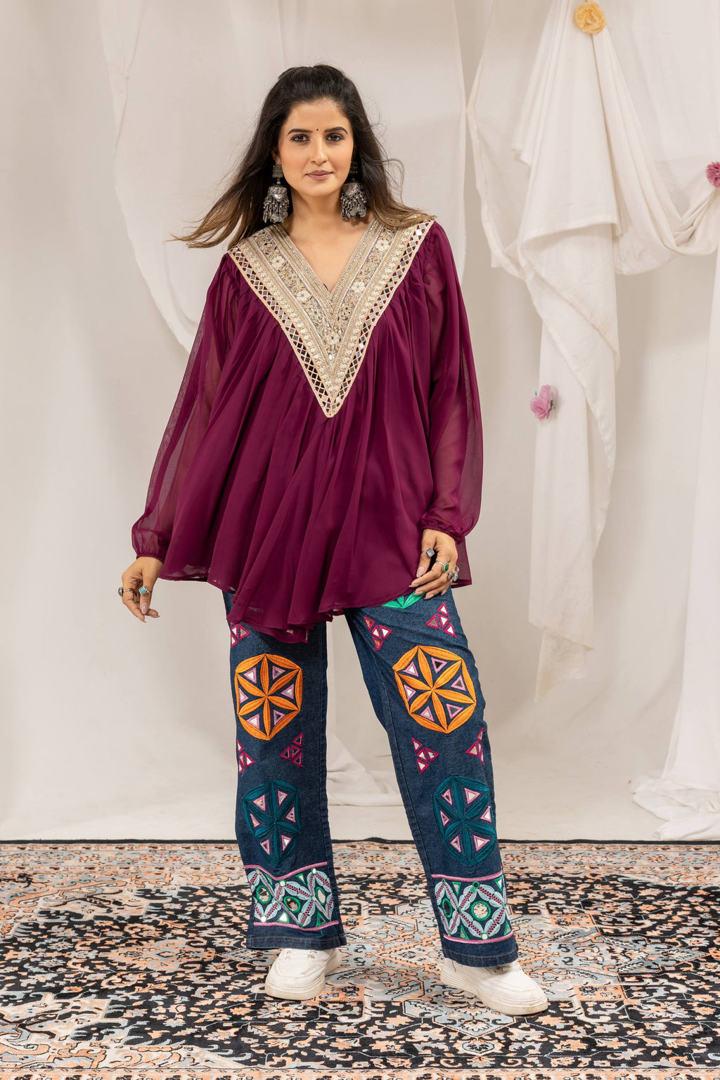 Designer Faux Georgette Mirror Work Kediya with Pure Cotton Denim High-Waist Embroidered Jeans