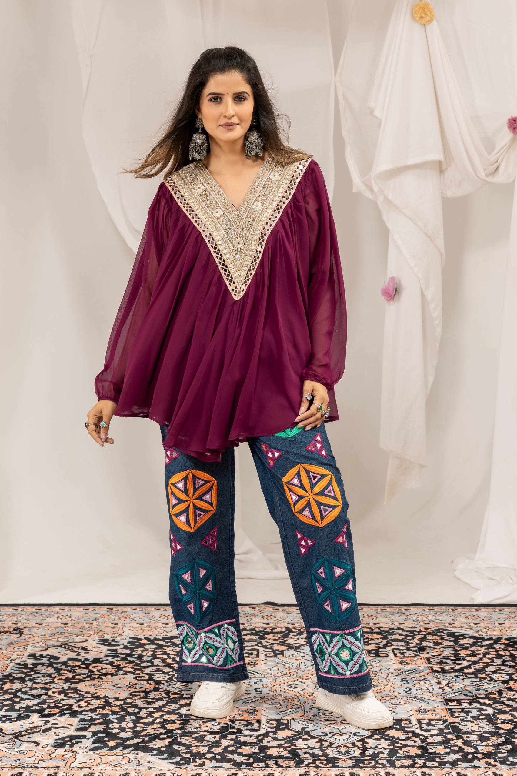 Designer Faux Georgette Mirror Work Kediya with Pure Cotton Denim High-Waist Embroidered Jeans
