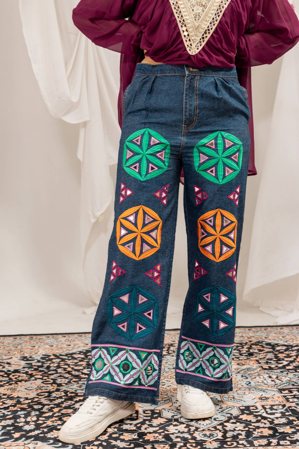 Designer Faux Georgette Mirror Work Kediya with Pure Cotton Denim High-Waist Embroidered Jeans