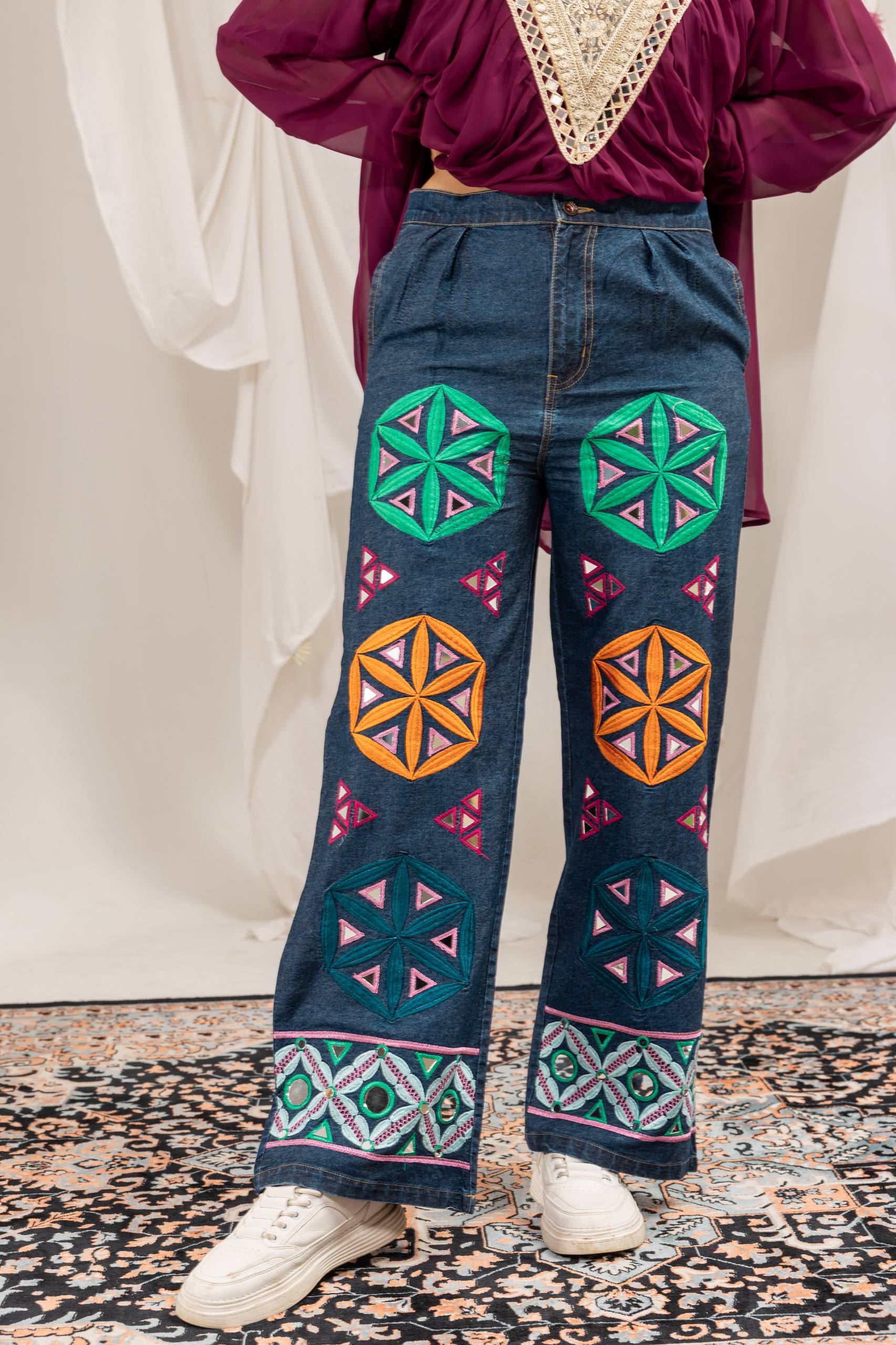Designer Faux Georgette Mirror Work Kediya with Pure Cotton Denim High-Waist Embroidered Jeans
