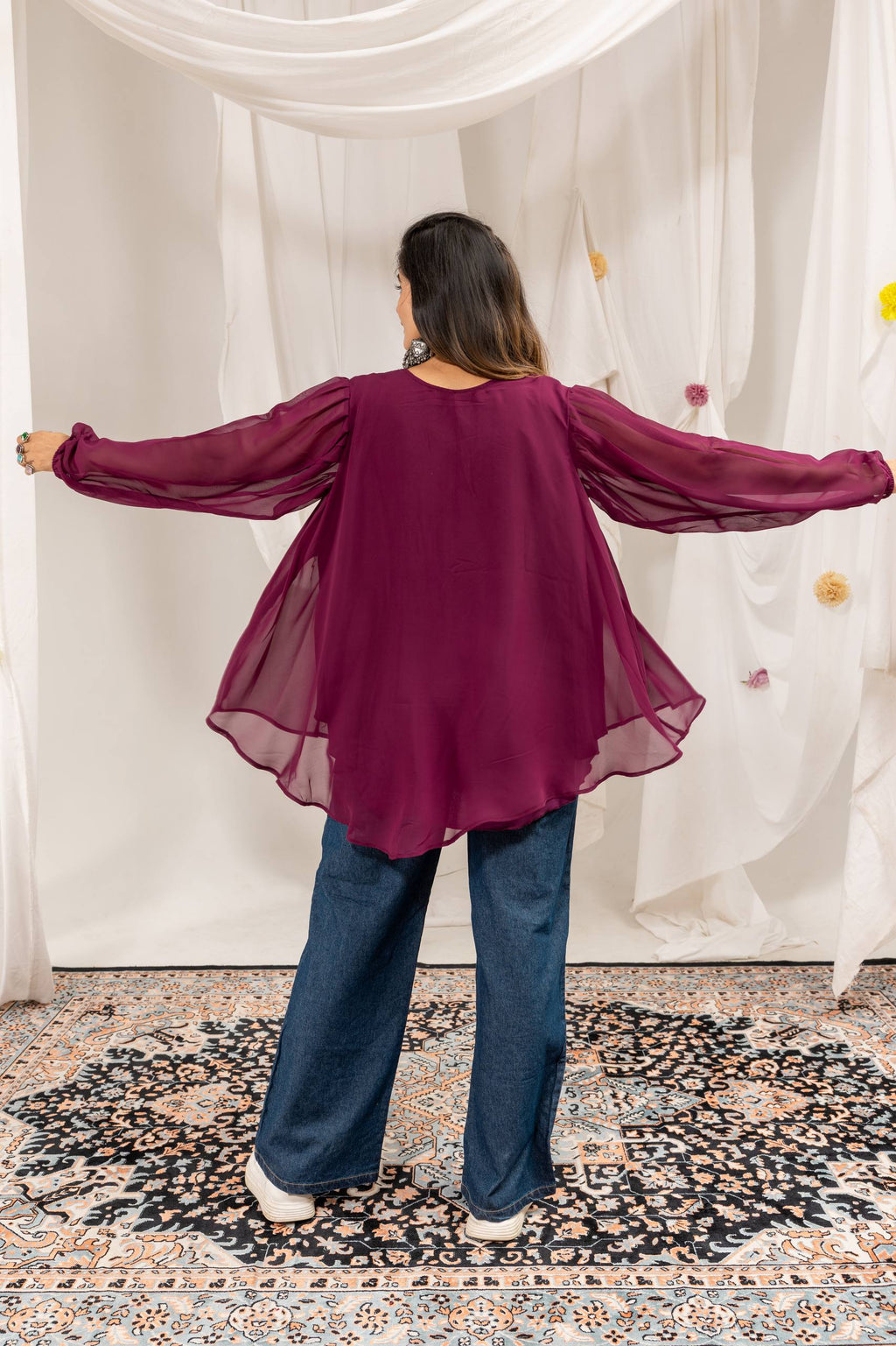 Designer Faux Georgette Mirror Work Kediya with Pure Cotton Denim High-Waist Embroidered Jeans