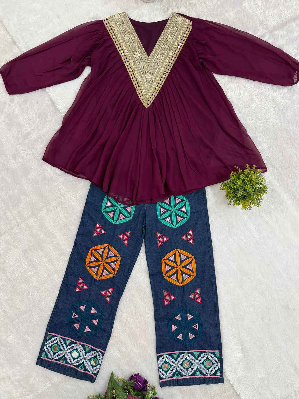 Designer Faux Georgette Mirror Work Kediya with Pure Cotton Denim High-Waist Embroidered Jeans