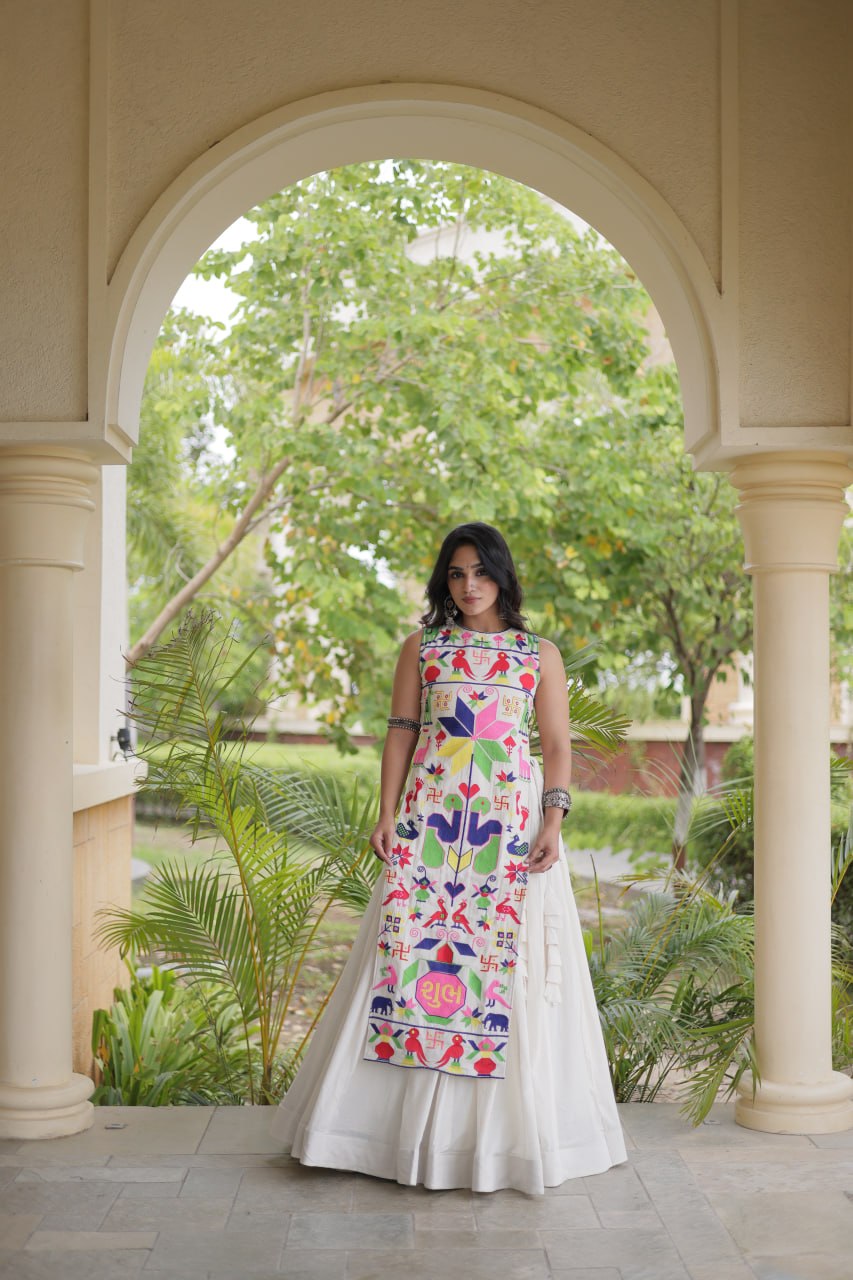 Zariya White Black Gamthi Thread Embroidered Navratri Lehenga Set