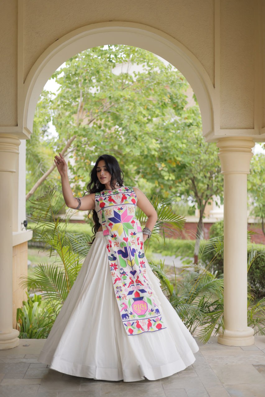 Zariya White Black Gamthi Thread Embroidered Navratri Lehenga Set