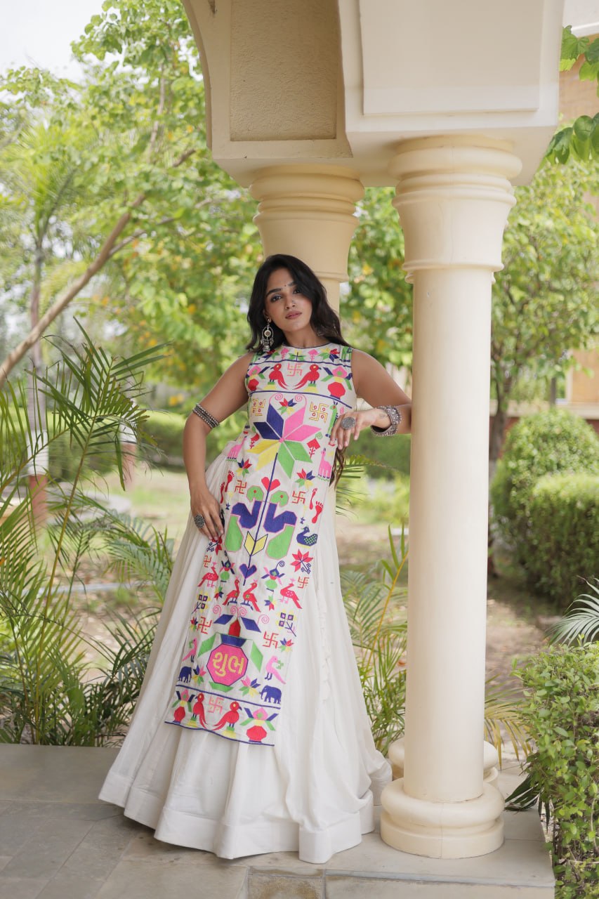 Zariya White Black Gamthi Thread Embroidered Navratri Lehenga Set