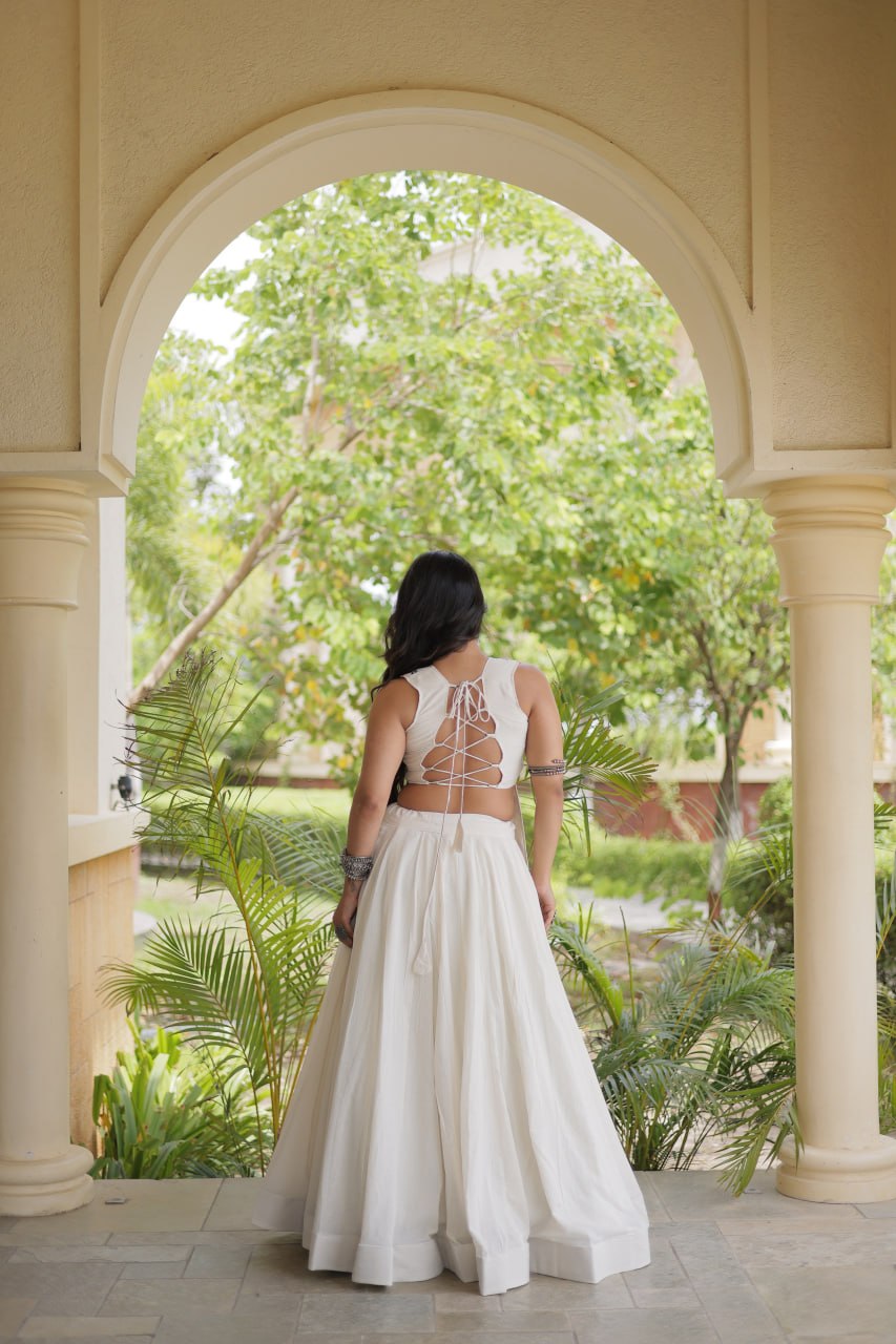 Zariya White Black Gamthi Thread Embroidered Navratri Lehenga Set