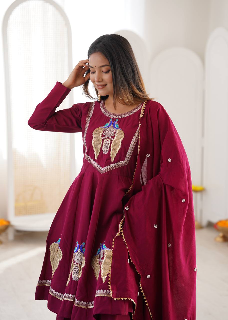 Aafreen Premium Roman Silk Embroidered Anarkali Three Piece Set with Designer Lace Border Dupatta