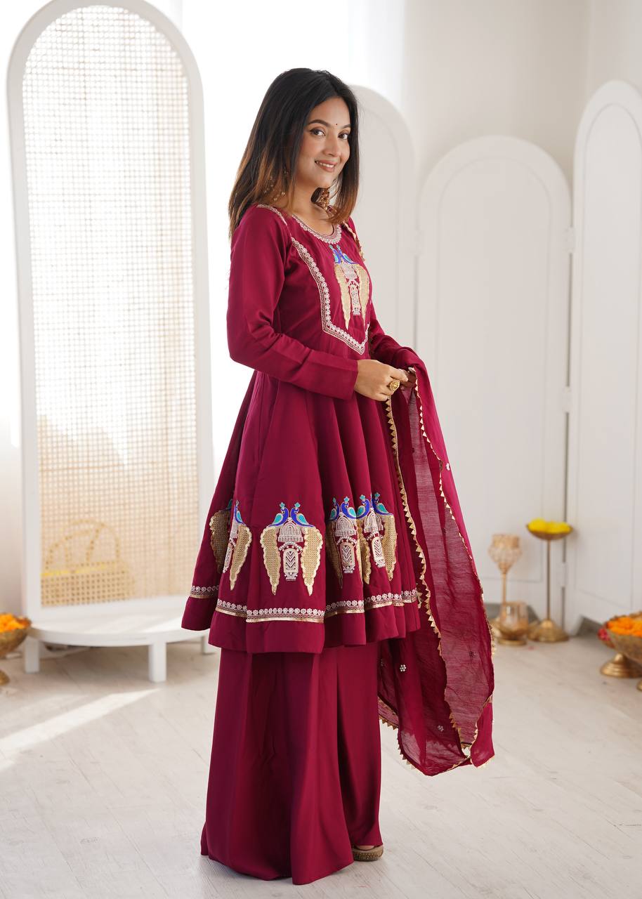 Aafreen Premium Roman Silk Embroidered Anarkali Three Piece Set with Designer Lace Border Dupatta
