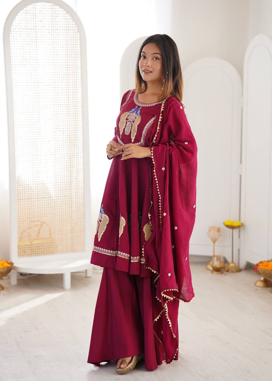 Aafreen Premium Roman Silk Embroidered Anarkali Three Piece Set with Designer Lace Border Dupatta