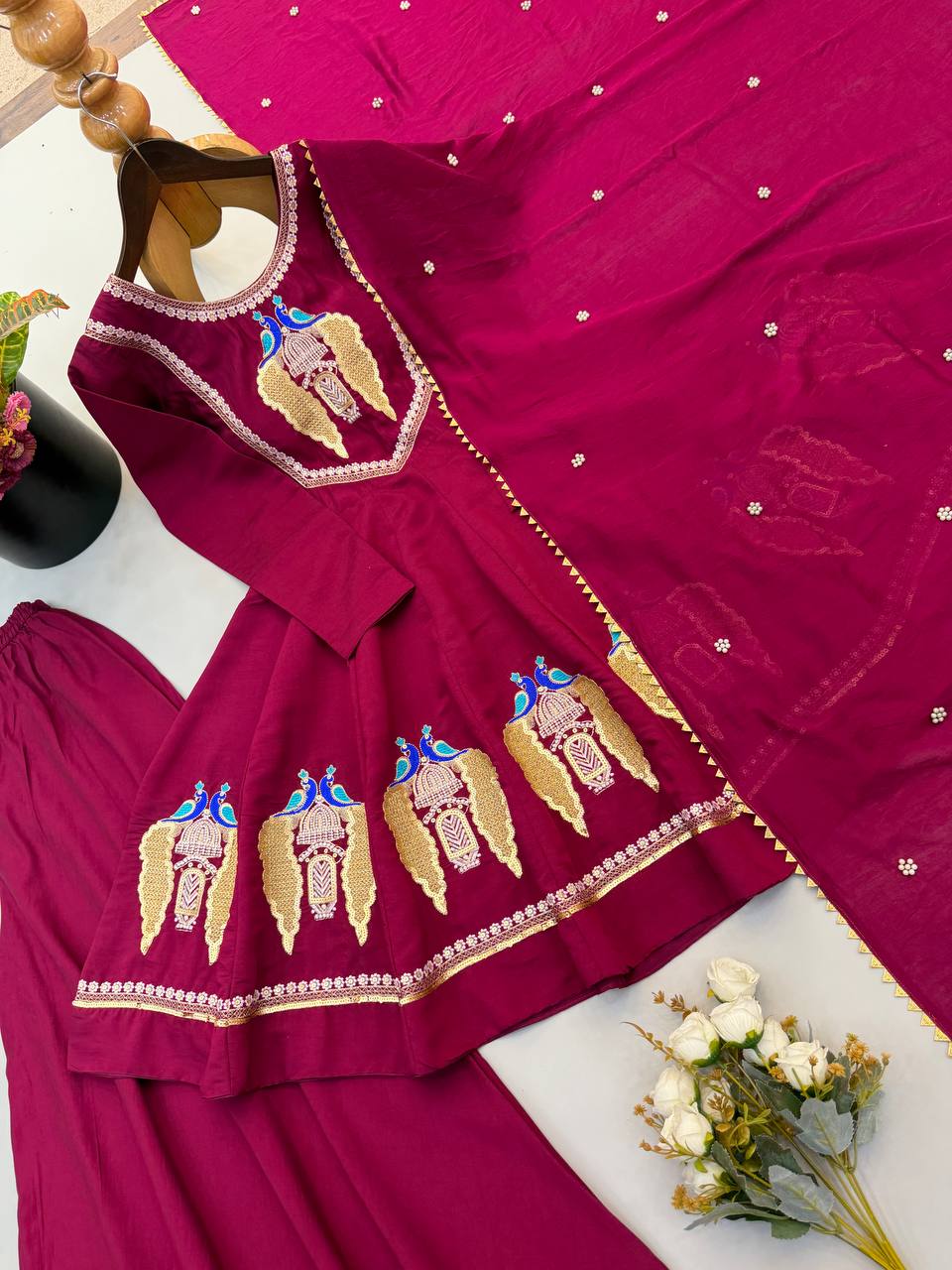 Aafreen Premium Roman Silk Embroidered Anarkali Three Piece Set with Designer Lace Border Dupatta