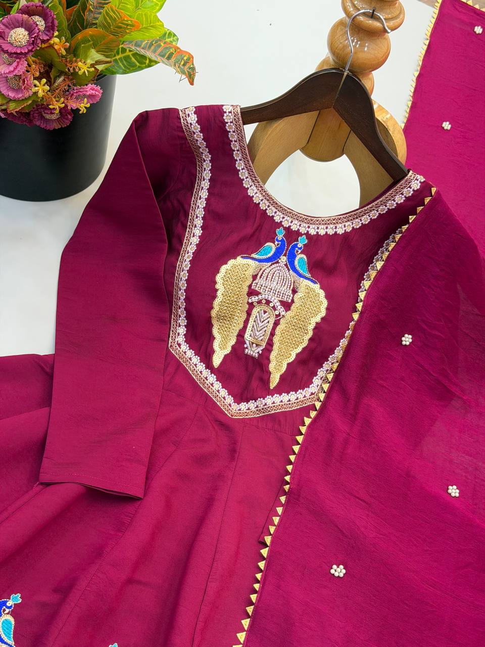Aafreen Premium Roman Silk Embroidered Anarkali Three Piece Set with Designer Lace Border Dupatta