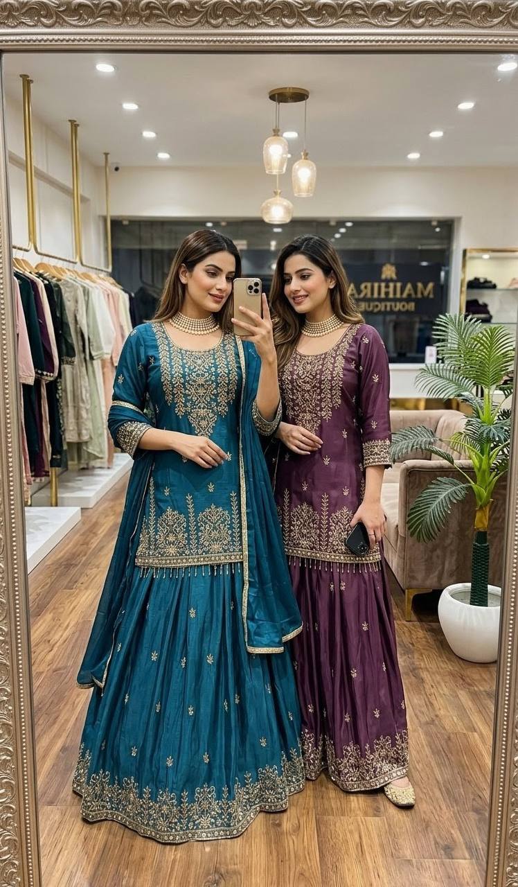 Aarini Chinon Silk Sequins Embroidered Top with Semi-Stitched Lehenga & Dupatta