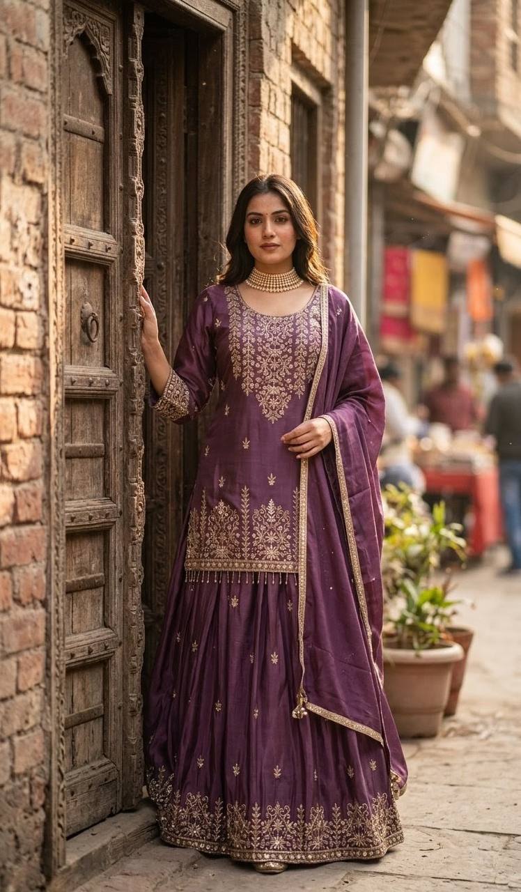 Aarini Chinon Silk Sequins Embroidered Top with Semi-Stitched Lehenga & Dupatta