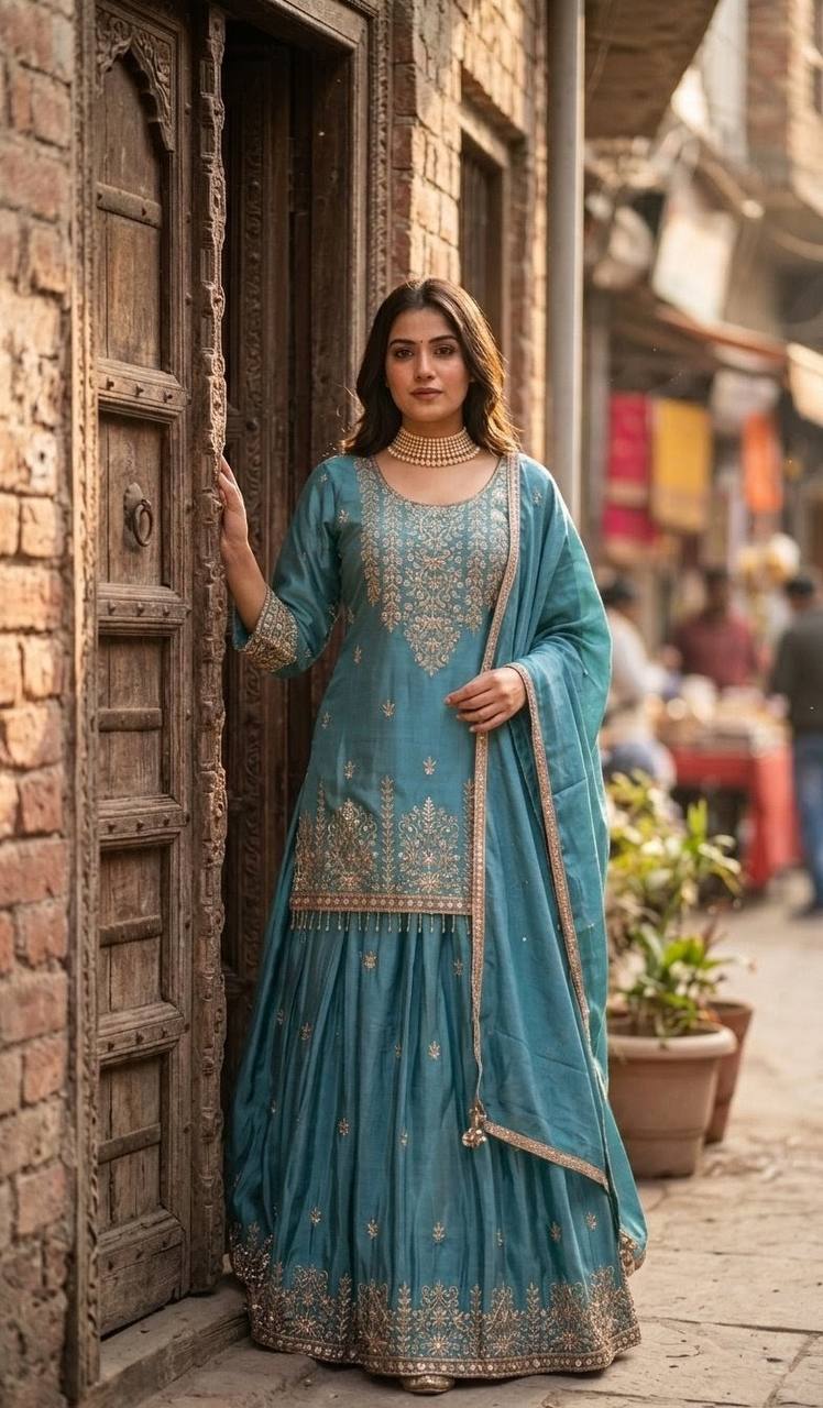 Aarini Chinon Silk Sequins Embroidered Top with Semi-Stitched Lehenga & Dupatta