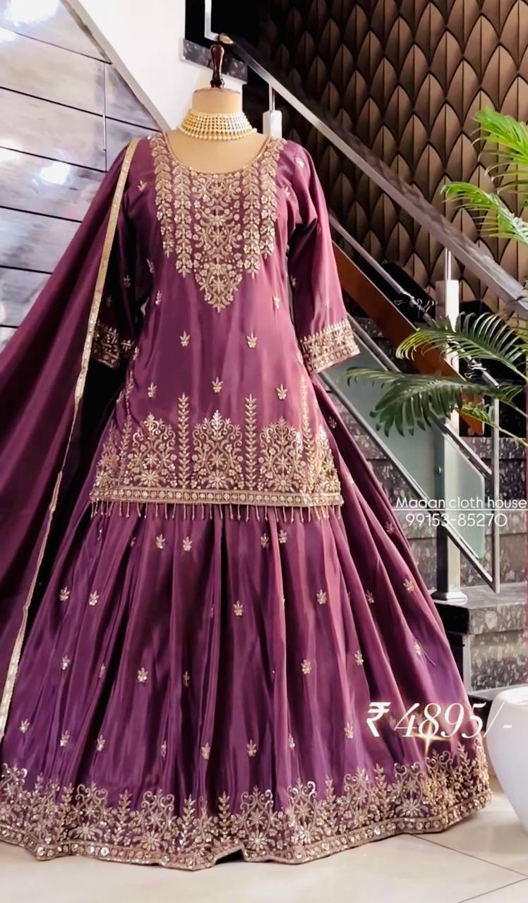 Aarini Chinon Silk Sequins Embroidered Top with Stitched Lehenga & Dupatta