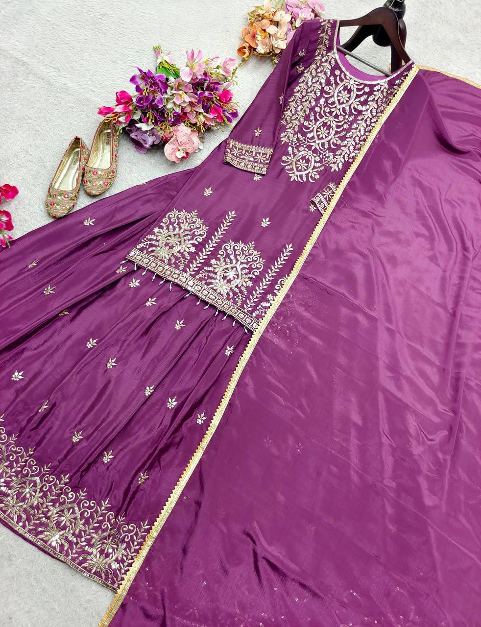 Aarini Chinon Silk Sequins Embroidered Top with Semi-Stitched Lehenga & Dupatta