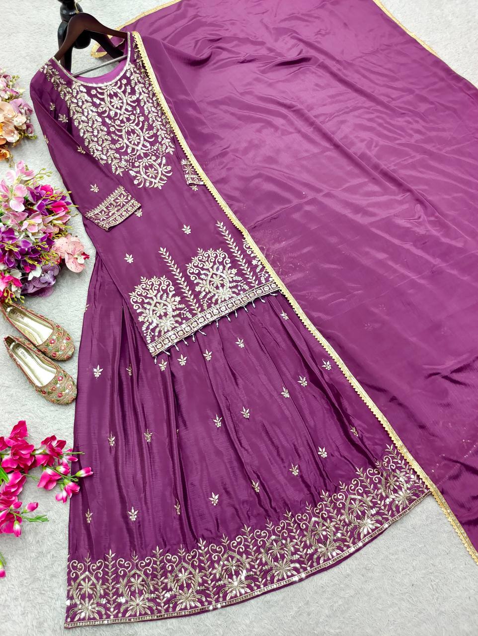 Aarini Chinon Silk Sequins Embroidered Top with Semi-Stitched Lehenga & Dupatta