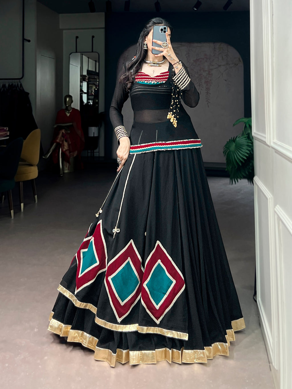 Maira Marble Base Lace Accents Embroidered Lehenga Choli with Cowrie Bell Detailing