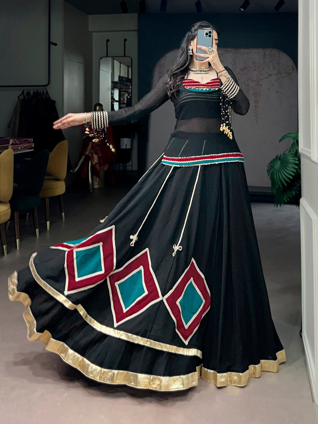 Maira Marble Base Lace Accents Embroidered Lehenga Choli with Cowrie Bell Detailing