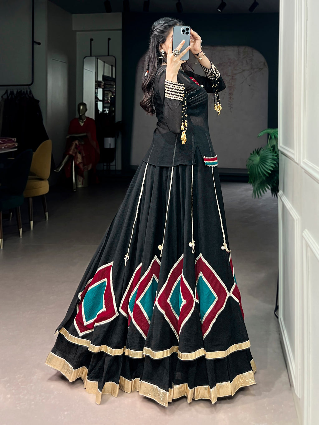Maira Marble Base Lace Accents Embroidered Lehenga Choli with Cowrie Bell Detailing