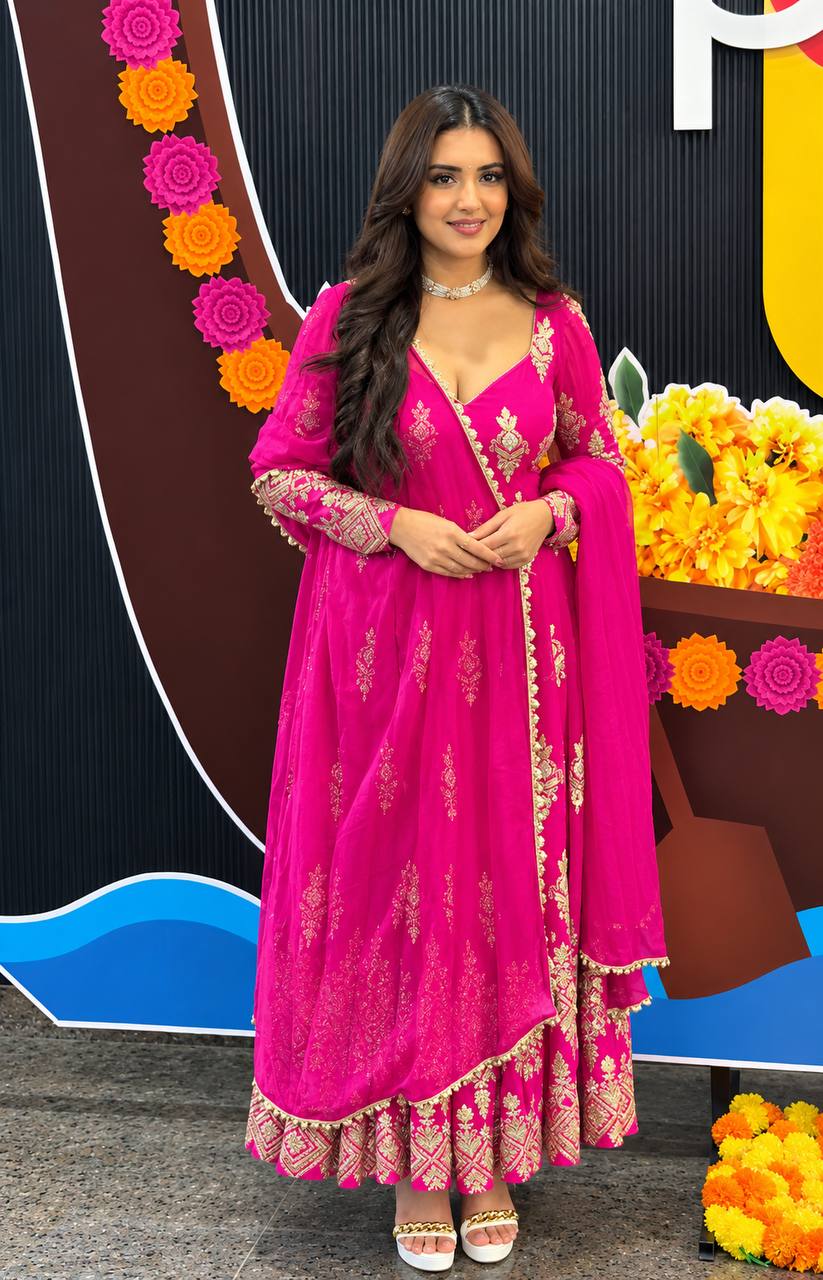 Aaradhya Designer Heavy Georgette Embroidered Sequin Gown Set with Pant & Lace Work Dupatta Full Flare Party Wear Indian Ethnic Dress for Women