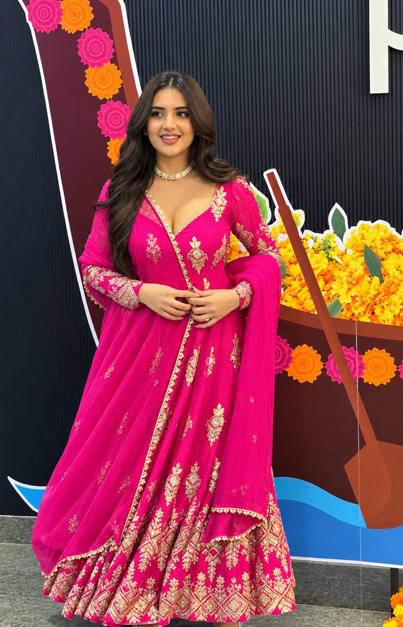 Aaradhya Designer Heavy Georgette Embroidered Sequin Gown Set with Pant & Lace Work Dupatta Full Flare Party Wear Indian Ethnic Dress for Women