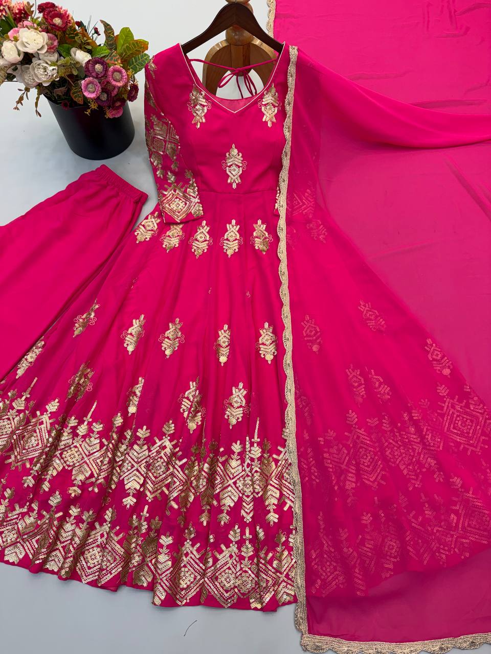 Aaradhya Designer Heavy Georgette Embroidered Sequin Gown Set with Pant & Lace Work Dupatta Full Flare Party Wear Indian Ethnic Dress for Women