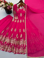 Aaradhya Designer Heavy Georgette Embroidered Sequin Gown Set with Pant & Lace Work Dupatta Full Flare Party Wear Indian Ethnic Dress for Women