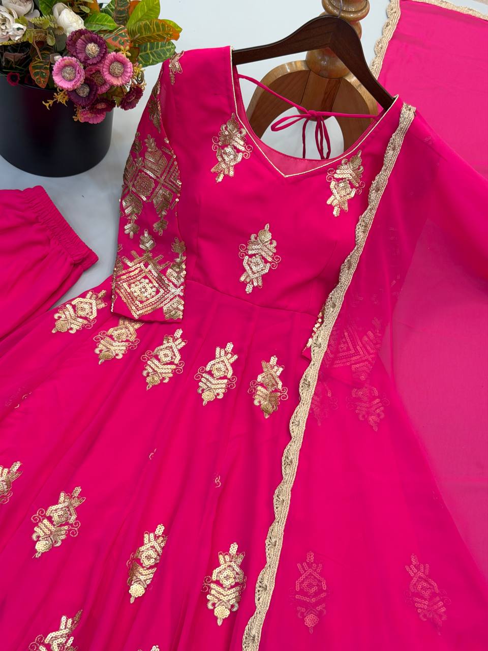 Aaradhya Designer Heavy Georgette Embroidered Sequin Gown Set with Pant & Lace Work Dupatta Full Flare Party Wear Indian Ethnic Dress for Women