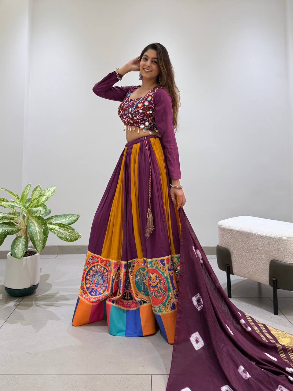 Meher 2026 Navratri Designer Rayon Lehenga Choli with Real Mirror & Jarkan Work, 6 Meter Flair and Bandhni Dupatta
