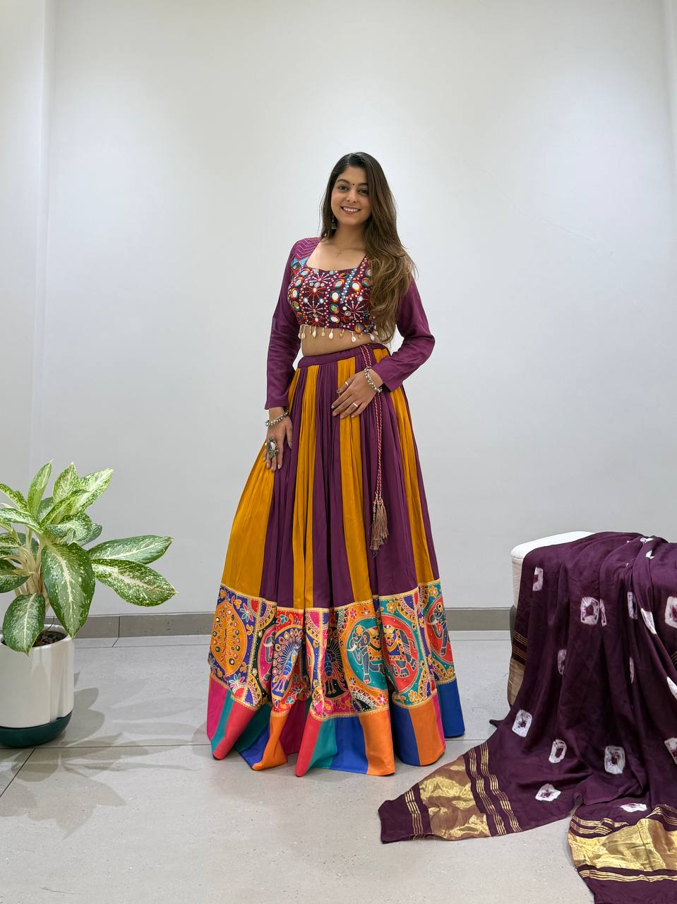 Meher 2026 Navratri Designer Rayon Lehenga Choli with Real Mirror & Jarkan Work, 6 Meter Flair and Bandhni Dupatta