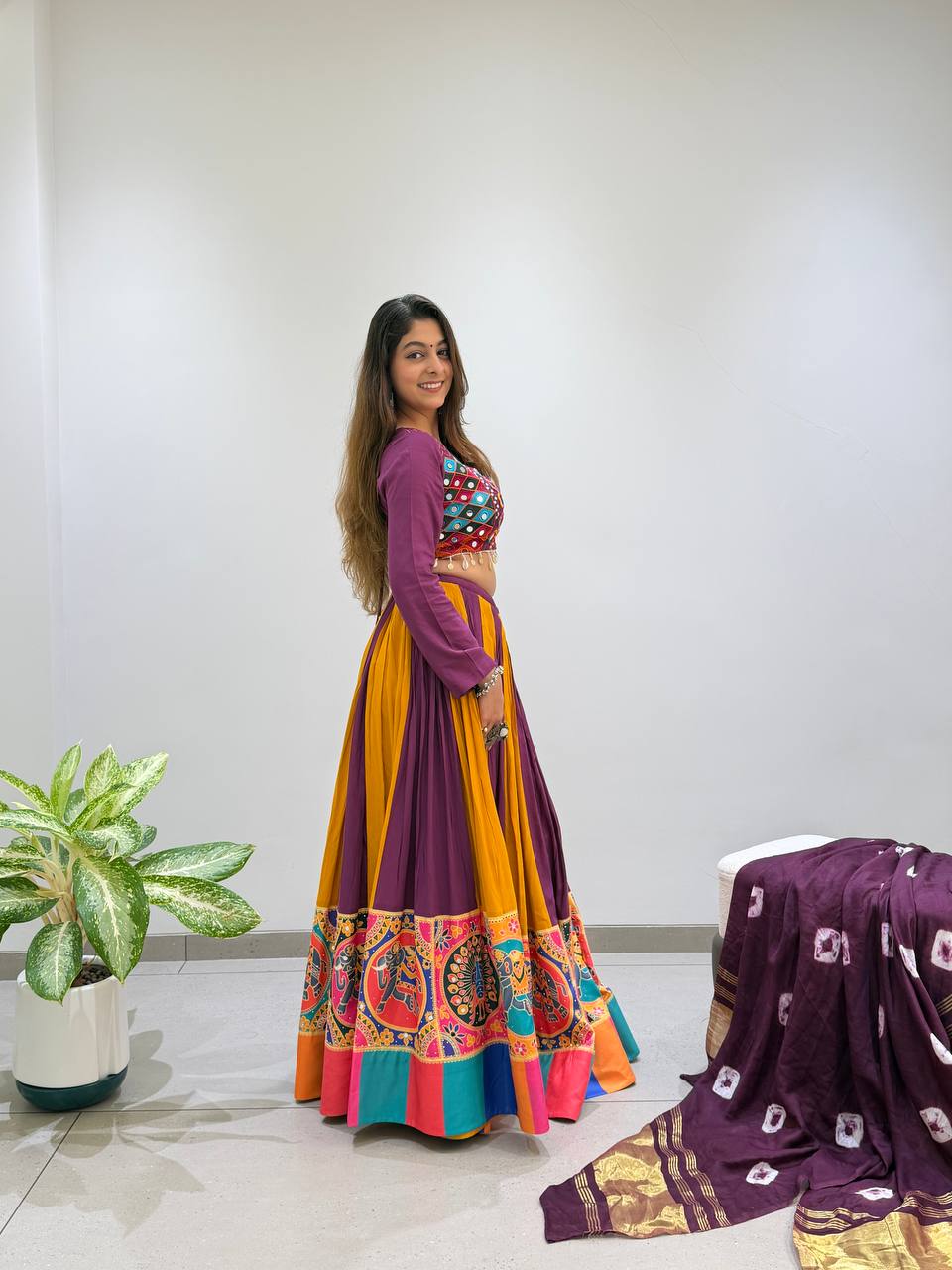 Meher 2026 Navratri Designer Rayon Lehenga Choli with Real Mirror & Jarkan Work, 6 Meter Flair and Bandhni Dupatta