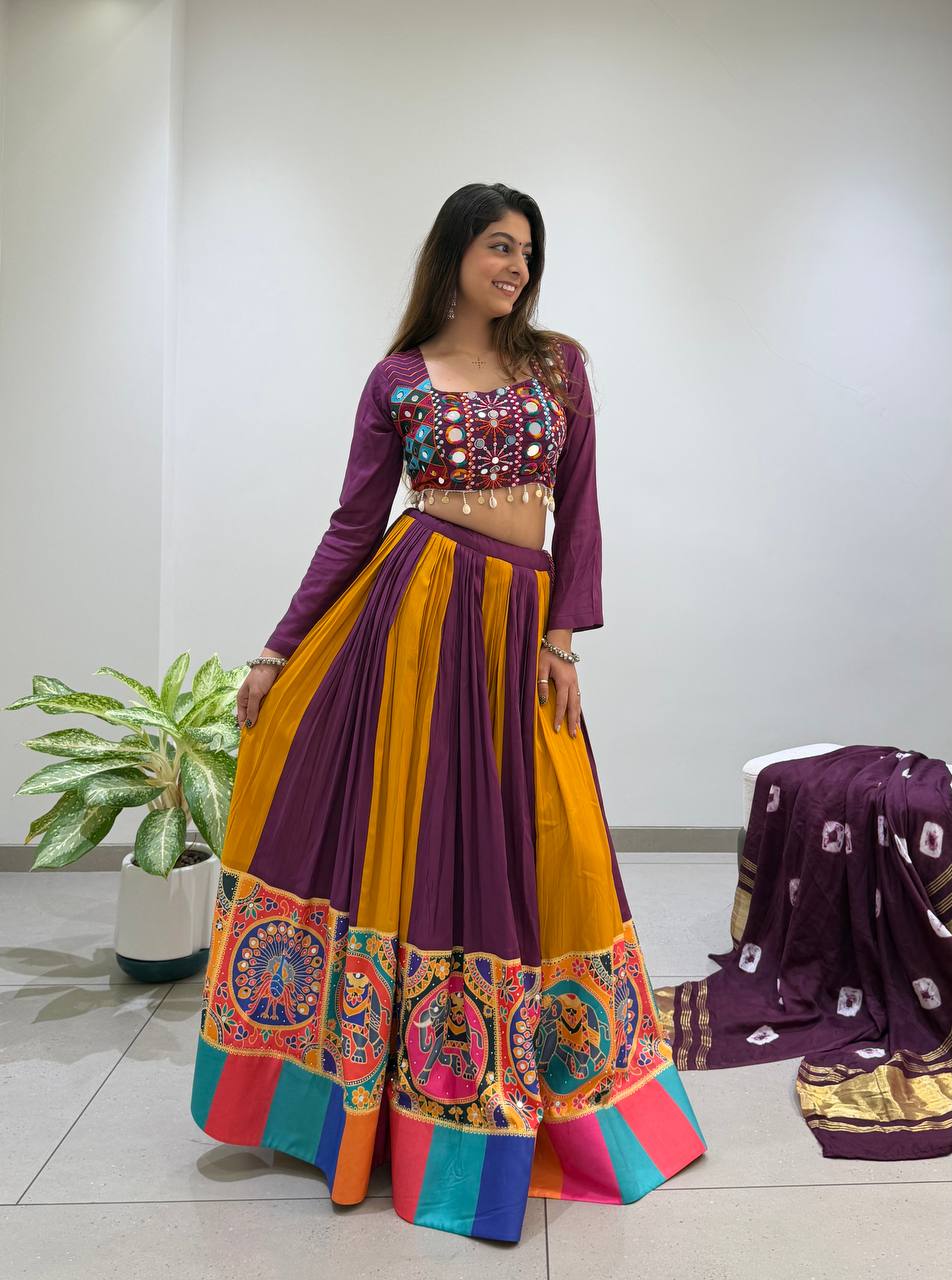Meher 2026 Navratri Designer Rayon Lehenga Choli with Real Mirror & Jarkan Work, 6 Meter Flair and Bandhni Dupatta