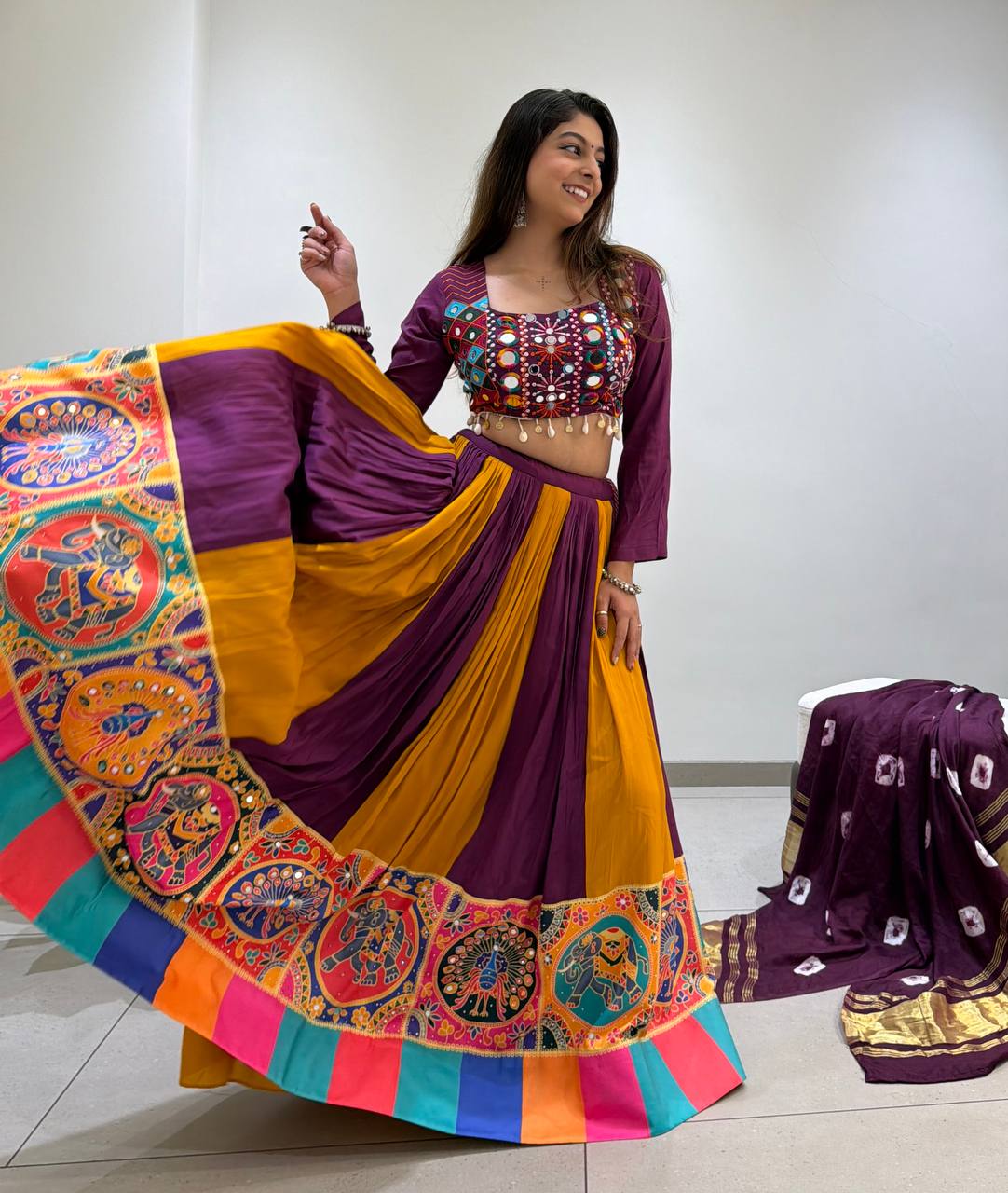 Meher 2026 Navratri Designer Rayon Lehenga Choli with Real Mirror & Jarkan Work, 6 Meter Flair and Bandhni Dupatta