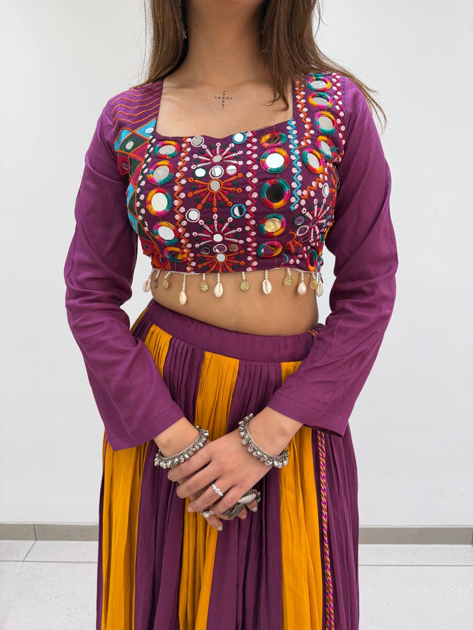 Meher 2026 Navratri Designer Rayon Lehenga Choli with Real Mirror & Jarkan Work, 6 Meter Flair and Bandhni Dupatta