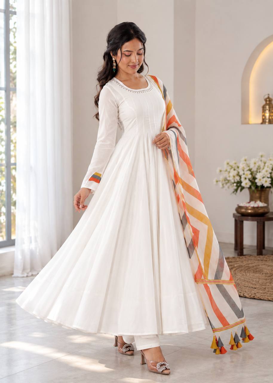 Ruhani Premium Mal Cotton Embroidered Suit Set with Fancy Sleeve Top, Pant & Printed Dupatta