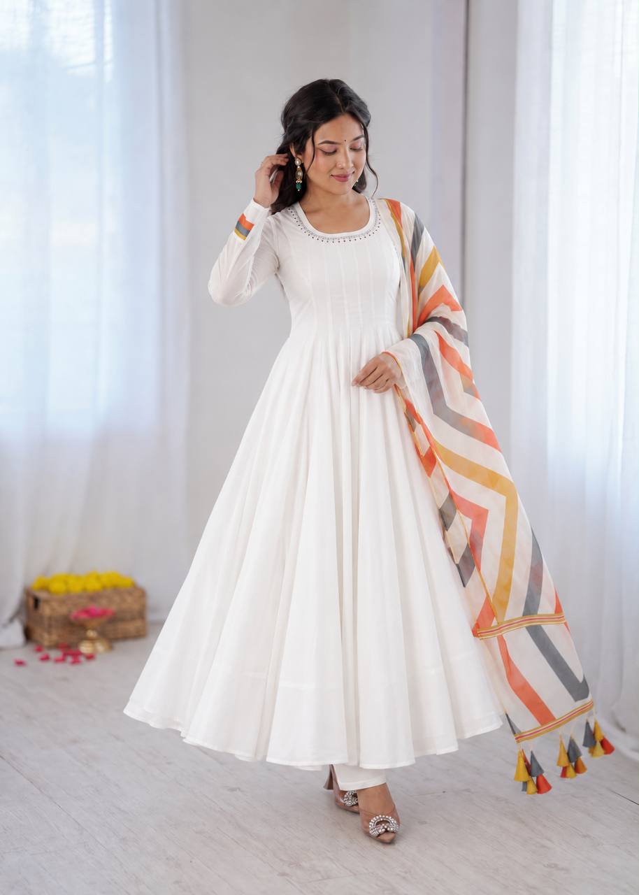 Ruhani Premium Mal Cotton Embroidered Suit Set with Fancy Sleeve Top, Pant & Printed Dupatta