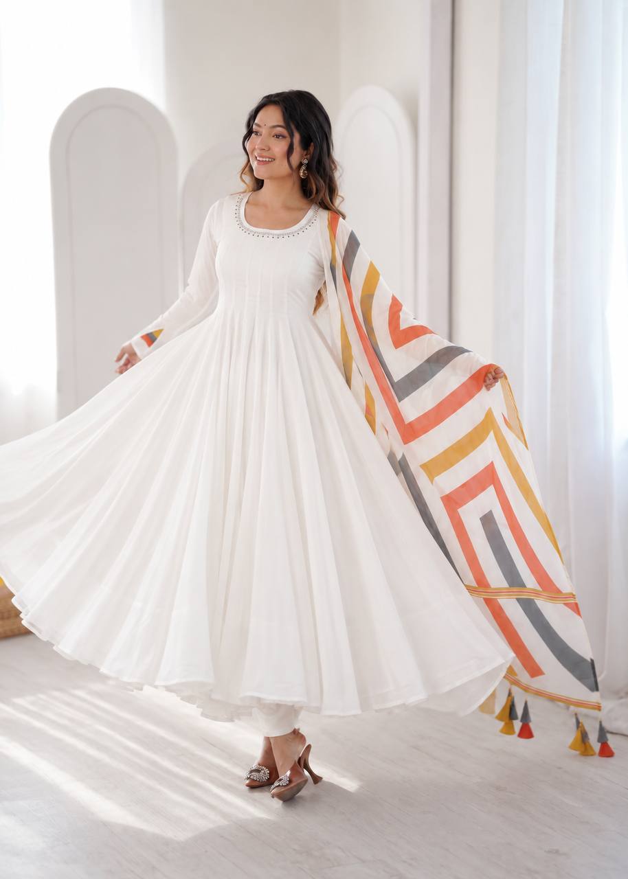 Ruhani Premium Mal Cotton Embroidered Suit Set with Fancy Sleeve Top, Pant & Printed Dupatta