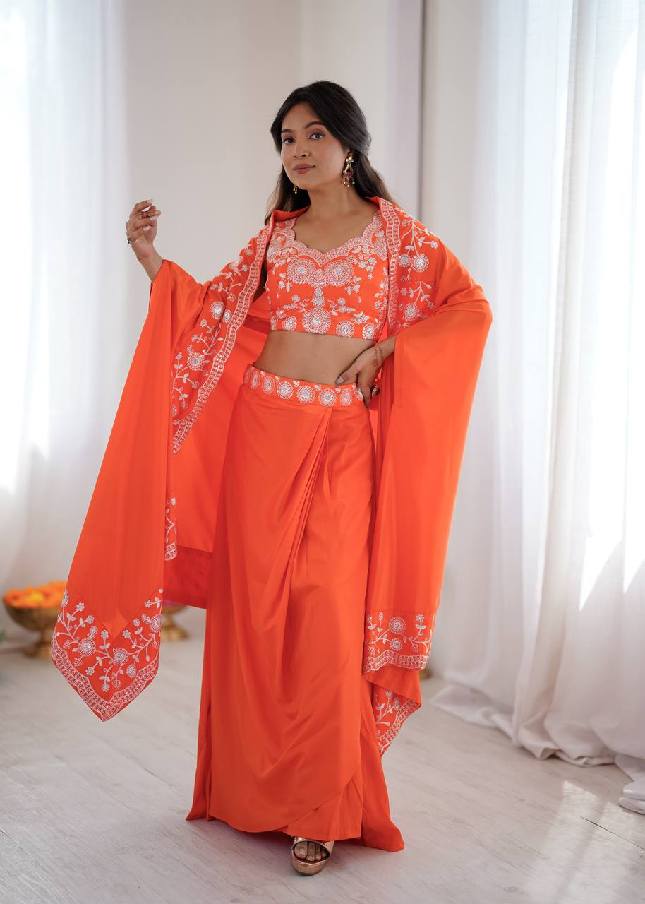 Designer French Crepe Western Dhoti Set with Embroidered Shrug & Choli