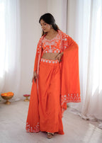 Designer French Crepe Western Dhoti Set with Embroidered Shrug & Choli