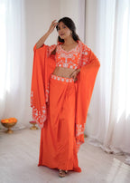 Designer French Crepe Western Dhoti Set with Embroidered Shrug & Choli