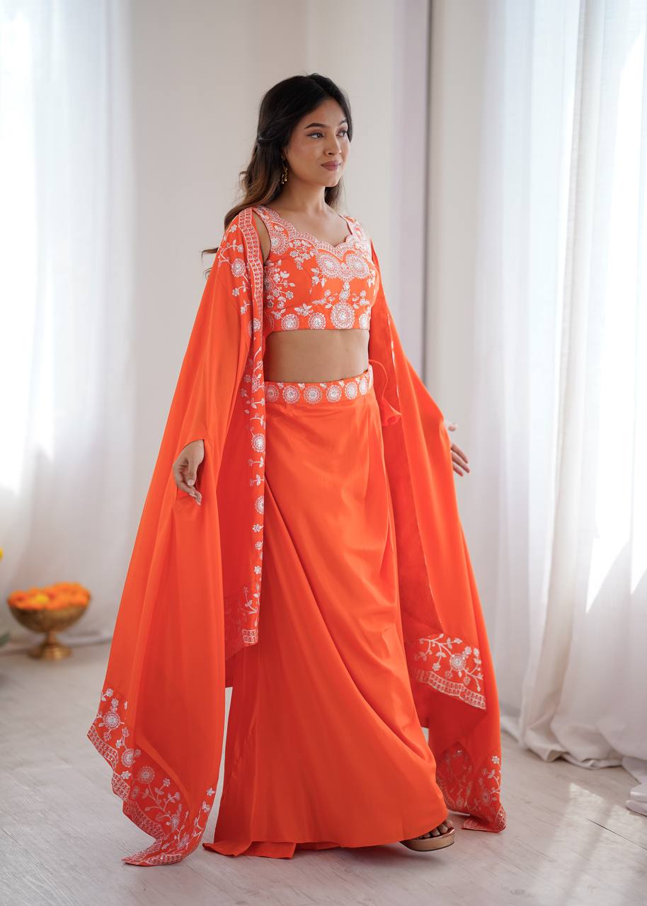 Designer French Crepe Western Dhoti Set with Embroidered Shrug & Choli