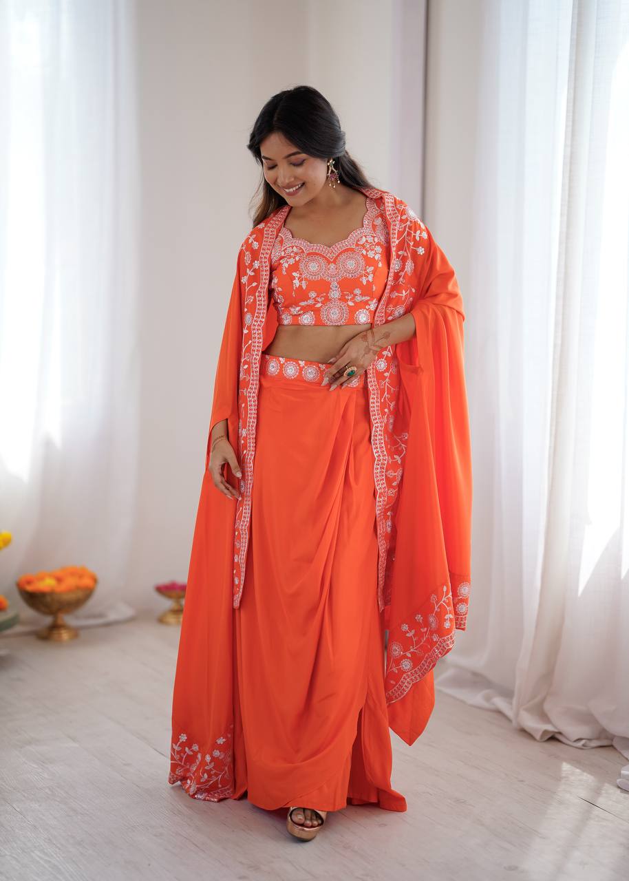 Designer French Crepe Western Dhoti Set with Embroidered Shrug & Choli