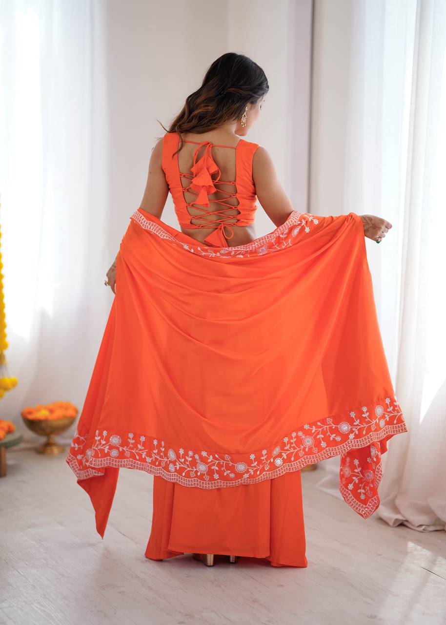Designer French Crepe Western Dhoti Set with Embroidered Shrug & Choli