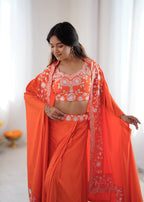 Designer French Crepe Western Dhoti Set with Embroidered Shrug & Choli