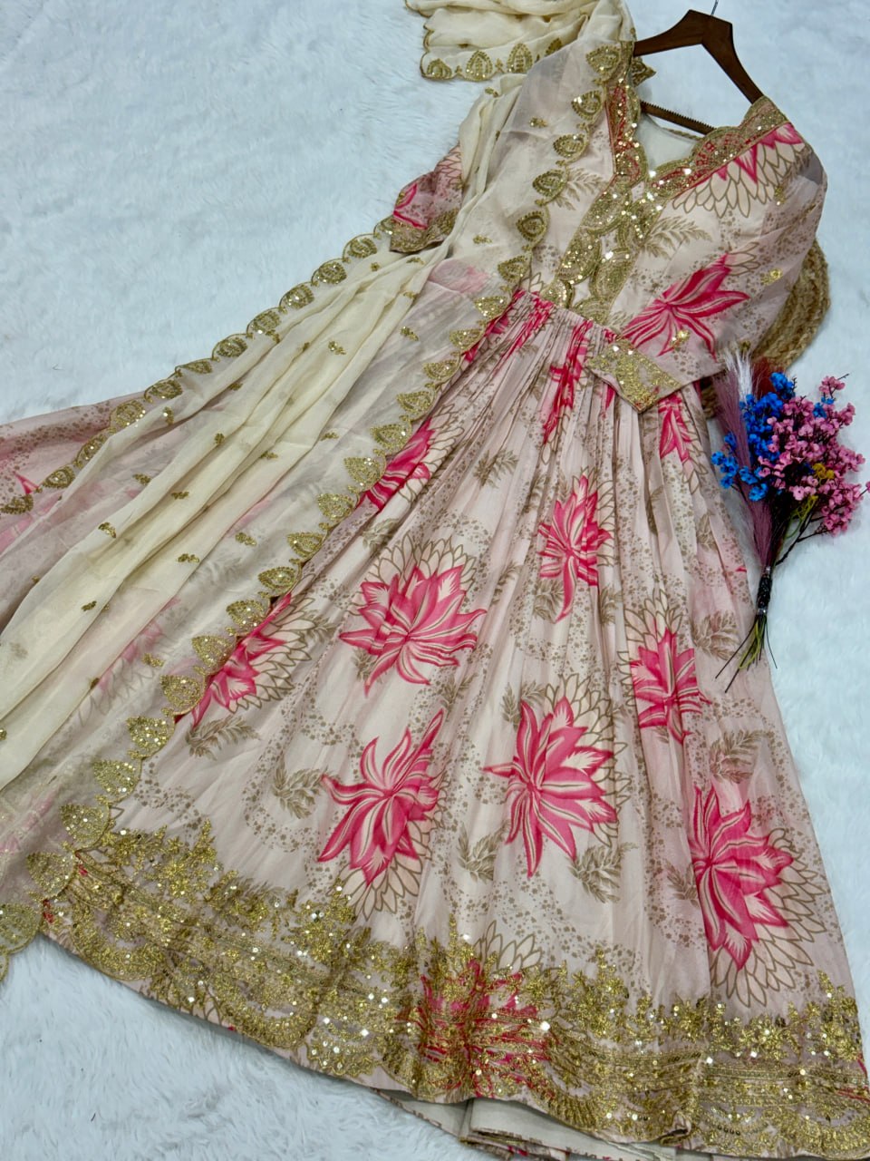 Premium Sequin Work Anarkali Gown with Cutwork Dupatta