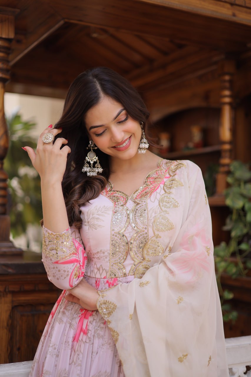 Premium Sequin Work Anarkali Gown with Cutwork Dupatta