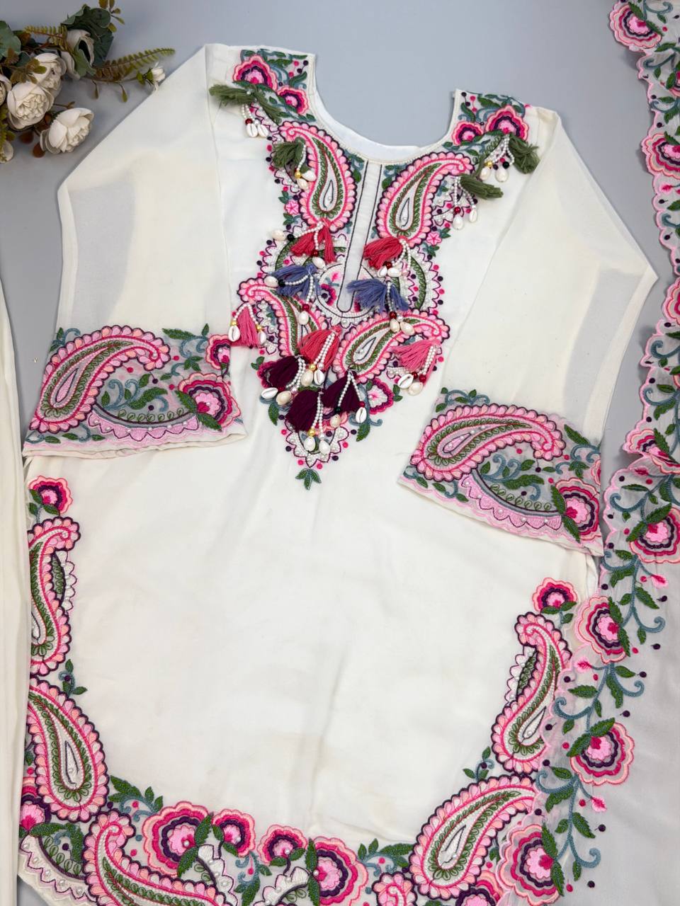 Designer Heavy Georgette Farshi Suit with Thread Embroidery Work