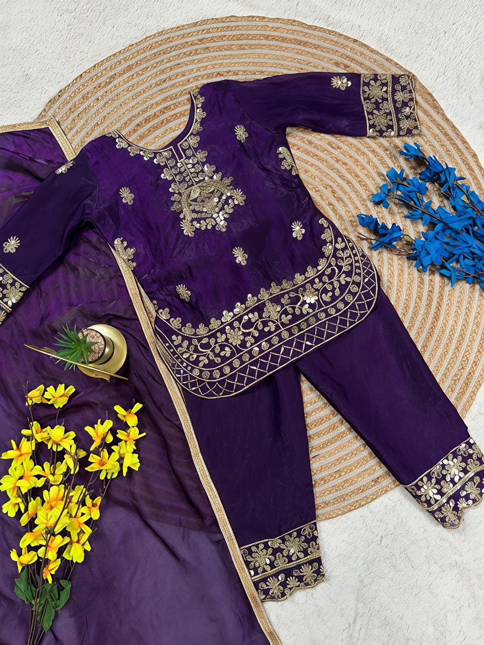 Yashvika Silk Sequins Embroidered Palazzo Suit with Dupatta