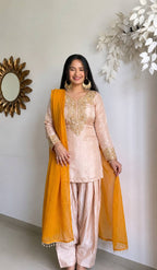 Designer Satin Glass Farshi Pant Suit with Moti & Thread Work